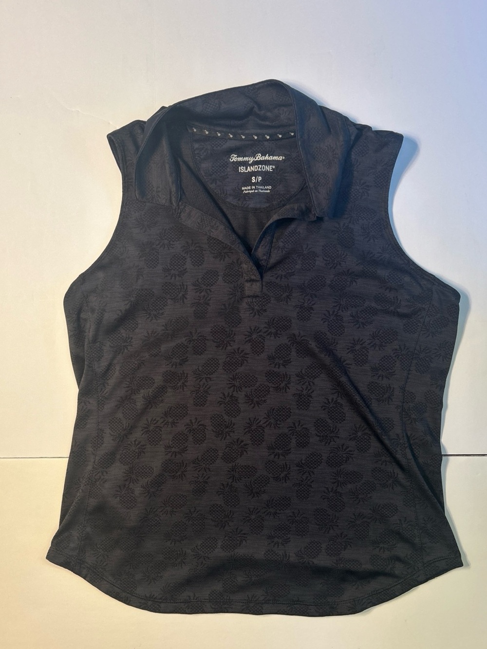 Tommy Bahama Black Sleeveless Polo Tank with Tonal Pineapple Pattern